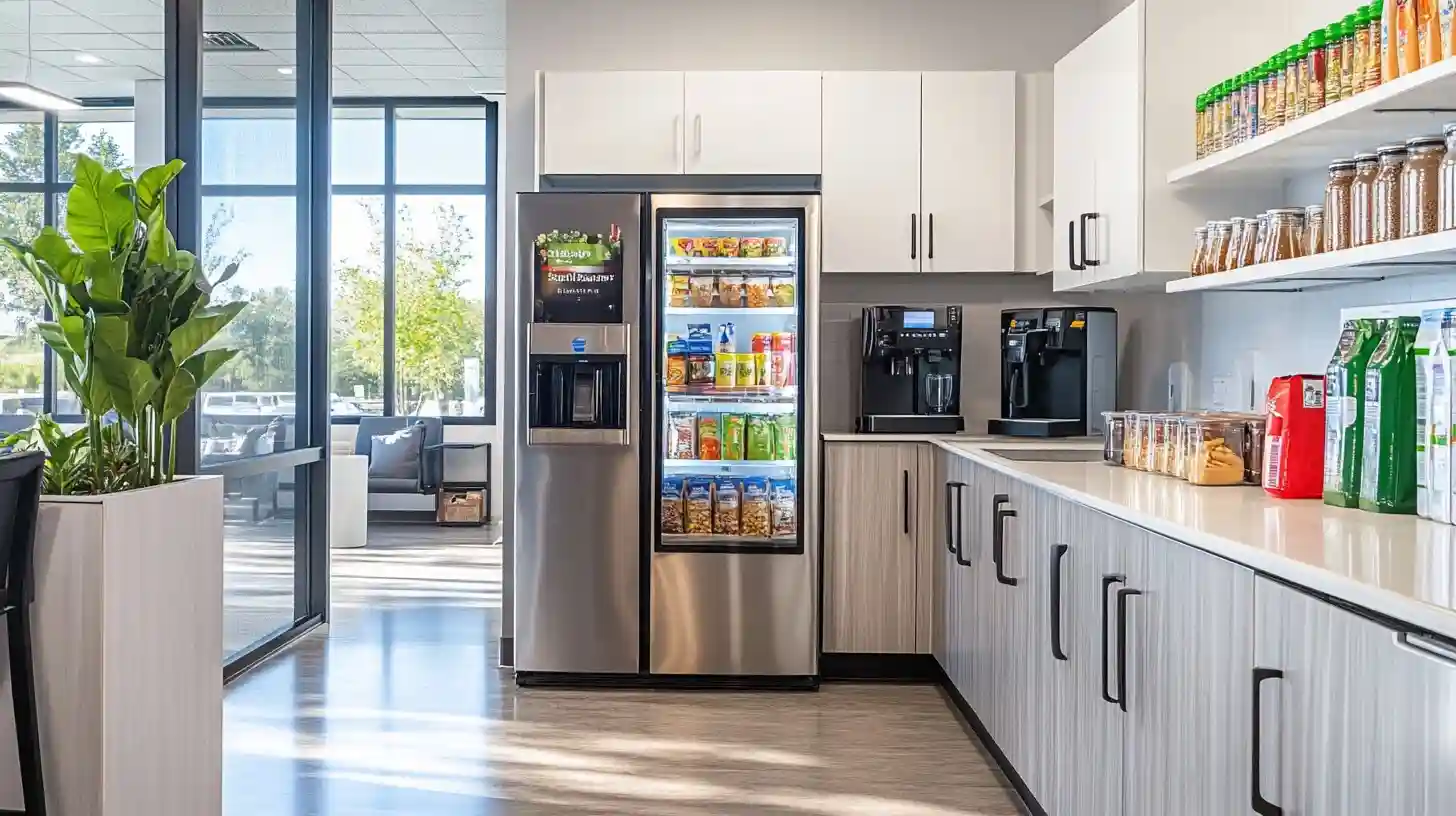 Modern office pantry with snacks, coffee, and coolers